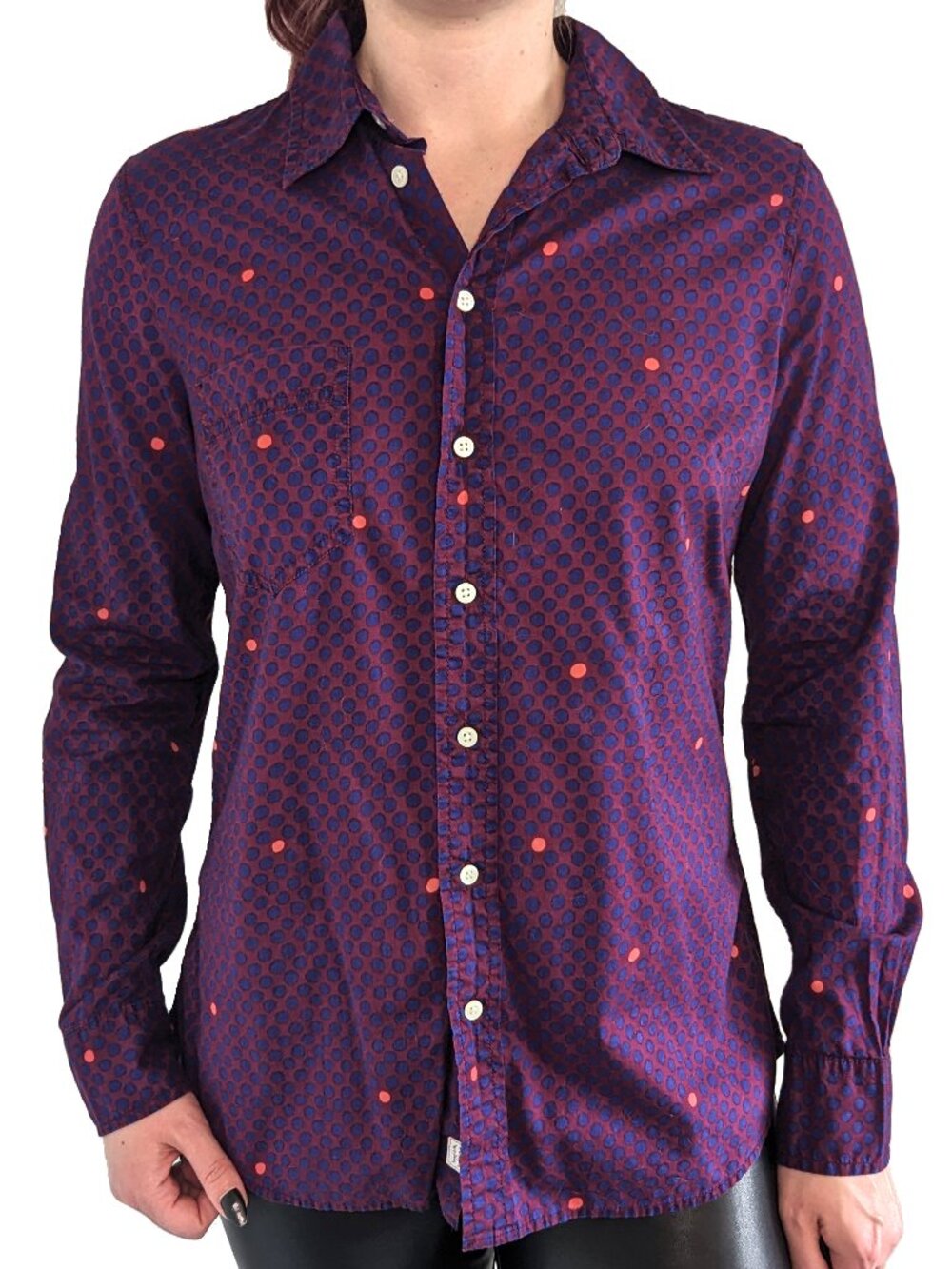 GAP Fitted Boyfriend Purple Polka Dot Button-Up | S